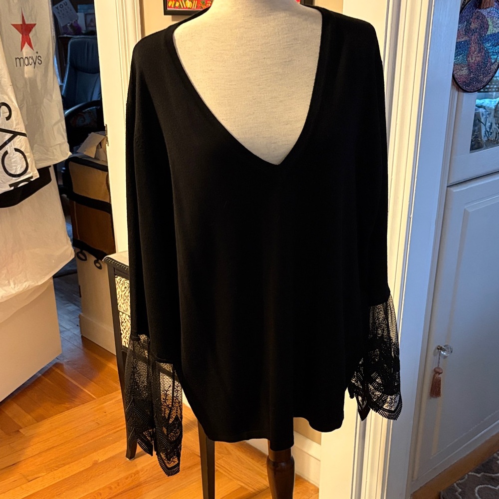 Black V-Neck Sweater with Lace Sleeves xl/22 size new not worn would fit 16-22